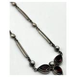 925 Sterling Silver Garnet & Seed Pearl Necklace, Teardrop Pendant, 8 inch Chain