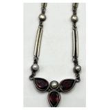 925 Sterling Silver Garnet & Seed Pearl Necklace, Teardrop Pendant, 8 inch Chain