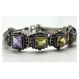 Indonesian 925 Sterling Silver Bracelet - 8 in Length, Multicolor Square Gemstones