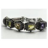Indonesian 925 Sterling Silver Bracelet - 8 in Length, Multicolor Square Gemstones
