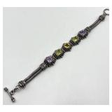 Indonesian 925 Sterling Silver Bracelet - 8 in Length, Multicolor Square Gemstones