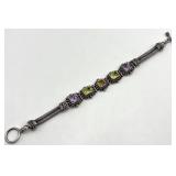 Indonesian 925 Sterling Silver Bracelet - 8 in Length, Multicolor Square Gemstones