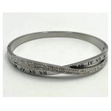 Roman Numeral Crossover Bangle Bracelet - Crystal Accents, Silver Tone, 2.5 x 2.25 x 0.25 in