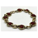 14K Filled Gold Link Bracelet with Red Cabochons - 7 in Length