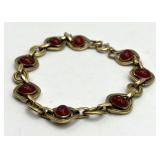 14K Filled Gold Link Bracelet with Red Cabochons - 7 in Length