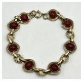 14K Filled Gold Link Bracelet with Red Cabochons - 7 in Length