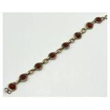 14K Filled Gold Link Bracelet with Red Cabochons - 7 in Length