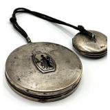 Antique Double-Sided Compact Mirror with Cord - 2.5in Mirror / 1.5in Makeup Side - 6in Cord
