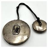Antique Double-Sided Compact Mirror with Cord - 2.5in Mirror / 1.5in Makeup Side - 6in Cord