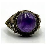 Amethyst Cabochon Ring - Adjustable Band, Ornate Filigree Setting, 0.5 in Diameter