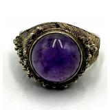 Amethyst Cabochon Ring - Adjustable Band, Ornate Filigree Setting, 0.5 in Diameter