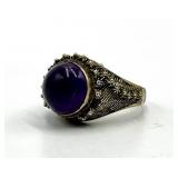 Amethyst Cabochon Ring - Adjustable Band, Ornate Filigree Setting, 0.5 in Diameter