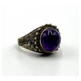Amethyst Cabochon Ring - Adjustable Band, Ornate Filigree Setting, 0.5 in Diameter