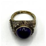 Amethyst Cabochon Ring - Adjustable Band, Ornate Filigree Setting, 0.5 in Diameter