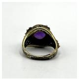 Amethyst Cabochon Ring - Adjustable Band, Ornate Filigree Setting, 0.5 in Diameter