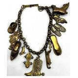 Vintage Shoe Charm Bracelet - 78-Inch Gold-Tone Length with Boots & Slippers Charms