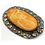 Bovine Bone Bird Brooch - Hand-Carved Orange Bone with Floral Silver Frame (3.25 x 2.25 in)