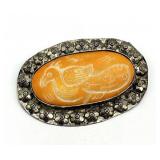 Bovine Bone Bird Brooch - Hand-Carved Orange Bone with Floral Silver Frame (3.25 x 2.25 in)