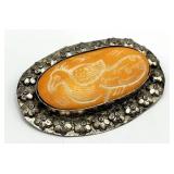 Bovine Bone Bird Brooch - Hand-Carved Orange Bone with Floral Silver Frame (3.25 x 2.25 in)