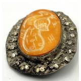 Bovine Bone Bird Brooch - Hand-Carved Orange Bone with Floral Silver Frame (3.25 x 2.25 in)