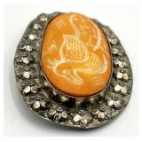 Bovine Bone Bird Brooch - Hand-Carved Orange Bone with Floral Silver Frame (3.25 x 2.25 in)