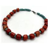 Red Coral & Turquoise Bead Necklace - 8 in Length