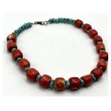Red Coral & Turquoise Bead Necklace - 8 in Length