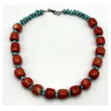 Red Coral & Turquoise Bead Necklace - 8 in Length