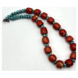 Red Coral & Turquoise Bead Necklace - 8 in Length