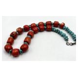 Red Coral & Turquoise Bead Necklace - 8 in Length