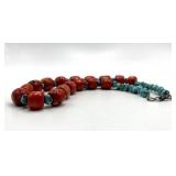 Red Coral & Turquoise Bead Necklace - 8 in Length
