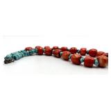 Red Coral & Turquoise Bead Necklace - 8 in Length