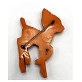 Bambi Bakelite Deer Brooch Pin - Vintage Orange w/ White Spots, 3.5x2.5x0.25 in
