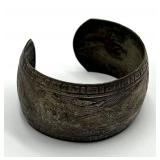 Antique Silver Cuff Bracelet - Engraved Leaf & Geometric Pattern, 2.25 x 2 x 1.25 in