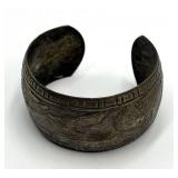 Antique Silver Cuff Bracelet - Engraved Leaf & Geometric Pattern, 2.25 x 2 x 1.25 in