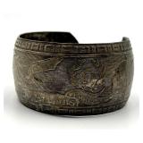 Antique Silver Cuff Bracelet - Engraved Leaf & Geometric Pattern, 2.25 x 2 x 1.25 in