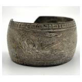 Antique Silver Cuff Bracelet - Engraved Leaf & Geometric Pattern, 2.25 x 2 x 1.25 in