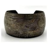 Antique Silver Cuff Bracelet - Engraved Leaf & Geometric Pattern, 2.25 x 2 x 1.25 in