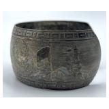 Antique Silver Cuff Bracelet - Engraved Leaf & Geometric Pattern, 2.25 x 2 x 1.25 in