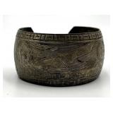 Antique Silver Cuff Bracelet - Engraved Leaf & Geometric Pattern, 2.25 x 2 x 1.25 in