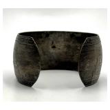 Antique Silver Cuff Bracelet - Engraved Leaf & Geometric Pattern, 2.25 x 2 x 1.25 in
