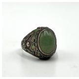 Jade Chinese Export Adjustable Ring - Green Jade Cabochon 0.5 x 0.25 in