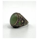 Jade Chinese Export Adjustable Ring - Green Jade Cabochon 0.5 x 0.25 in