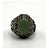 Jade Chinese Export Adjustable Ring - Green Jade Cabochon 0.5 x 0.25 in