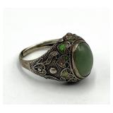 Jade Chinese Export Adjustable Ring - Green Jade Cabochon 0.5 x 0.25 in