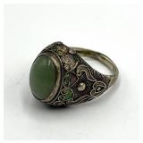 Jade Chinese Export Adjustable Ring - Green Jade Cabochon 0.5 x 0.25 in