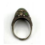 Jade Chinese Export Adjustable Ring - Green Jade Cabochon 0.5 x 0.25 in