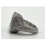 Judith Ripka 925 Sterling Silver Filigree Ring - Size 5 - Center Stone 0.75 x 0.65 in