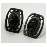 Sterling Silver 925 Screw-On Earrings - Carved Smoky Quartz Cabochons (Lot of 2)