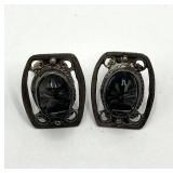 Sterling Silver 925 Screw-On Earrings - Carved Smoky Quartz Cabochons (Lot of 2)